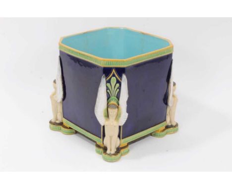 George Jones majolica jardinière, c.1870, decorated in the Egyptian Revival style with sphinxes in each corner, 21cm heightCo