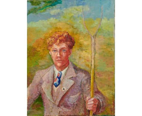 Benton End School, oil on canvas - portrait of a young man with a pitchfork, believed to be David Kentish, unframed, 70cm x 5
