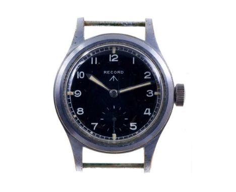 Record British military W.W.W. wristwatch, the circular black dial with military broad arrow, white Arabic numerals and minut