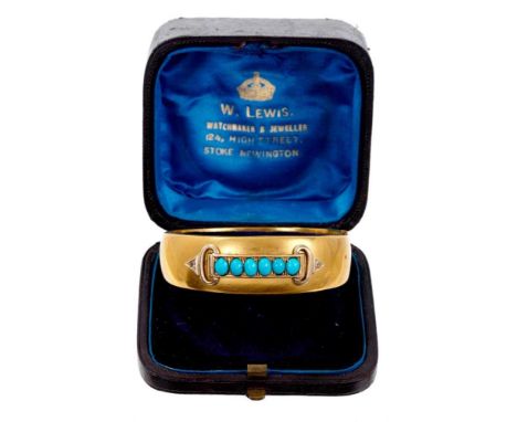 Victorian gold hinged bangle with a line of six turquoise cabochons and two small diamonds to the buckle terminals, in fitted