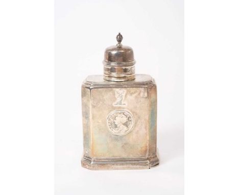 George I style Britannia standard silver tea caddy of rectangular box form with domed cover and sliding base plate with engra