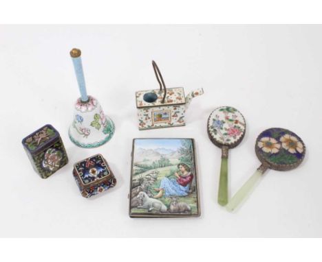 Early 20th century Persian enamel cigarette box, painted to one side with pastoral scene, the reverse and internal panels wit