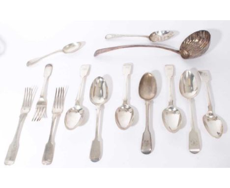 Group of Georgian and later silver fiddle and fiddle and thread pattern flatware, together with a Georgian Old English patter