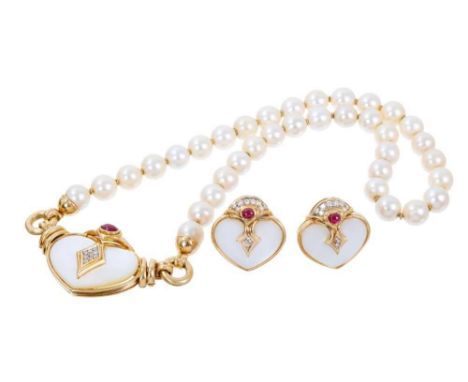 18ct gold and gem-set, mother-of-pearl and cultured pearl necklace and matching earrings, with heart-shape mother-of-pearl pl
