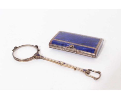19th Century Continental white metal snuff box of rectangular form, set with panels of Lapis Lazuli, hinged cover revealing g