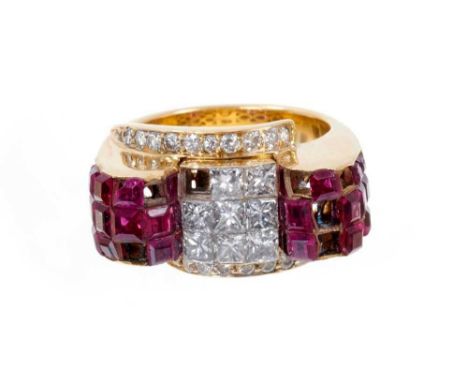 Art Deco-style diamond and ruby cocktail ring of Odeonesque design, with a central square cluster of invisibly-set princess c