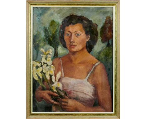 Benton End School, mid-20th century, oil on canvas - portrait of a lady holding a bunch of irises, a female nude oil sketch v