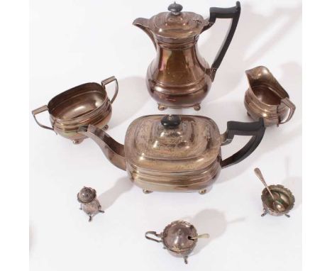 George VI silver four piece tea and coffee set- comprising teapot of compressed baluster form, hinged domed cover, angular eb