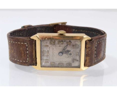 1930s gentlemen's 18ct gold wristwatch retailed by Winegartens, Bishops Gate ,London in tank-shaped case on leather strap- th