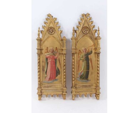 Good pair of 19th century Italian painted giltwood mediaeval revival religious wall plaques, each of niche form, centred by p