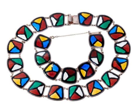 Norwegian silver and enamel necklace and matching bracelet by Knut Andreas Rasmussen, with abstract design polychrome guilloc