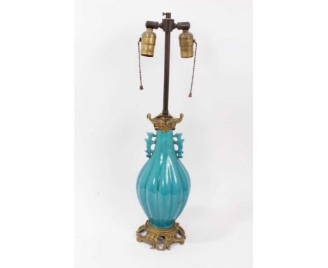 19th century Chinese turquoise glazed fluted baluster vase, twin-handled, with good quality ormolu mounts, converted to a tab