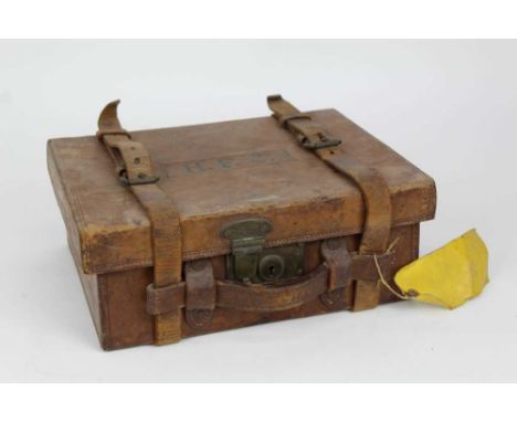 Early 20th century Army &amp; navy leather cartridge magazine, H.F.C. initials to lid, 33cm x 27cm