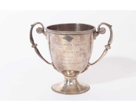 George V Irish silver trophy cup of inverted bell form with twin scroll handles with engraved inscription 'St Margaret's Folk