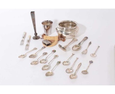 Georgian sifter spoon, silver teaspoons together with silver sugar bowl, beaker other silver items