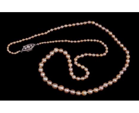 Natural pearl necklace with a string of 120 natural saltwater pearls measuring approximately 2.3 - 6.3mm on a diamond clasp, 
