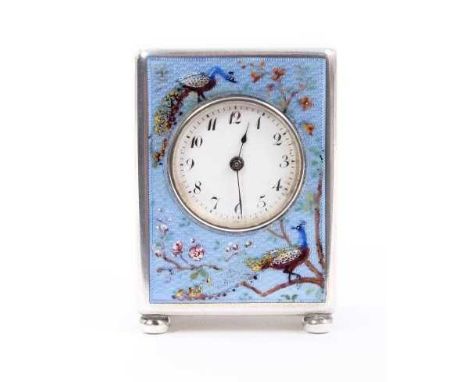 Fine Early 20th century Swiss enamelled silver miniature carriage clock with circular enamel dial, the case with pale blue gu