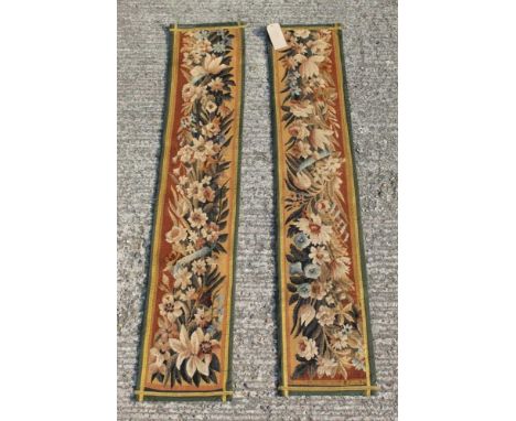 Pair of Aubusson tapestry fragment table runner, floral  ornament, each 36 x 163cm