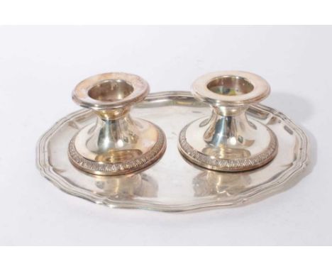 Pair German 925 silver candlesticks of squat circular form 7.5 cm and 835 silver oval platter 29.5 cm (3)