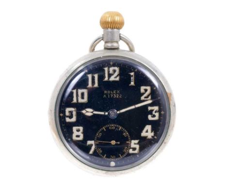 British military Rolex pocket watch with circular black enamel dial signed Rolex A.17322, luminous Arabic numerals and lumino
