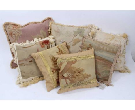 Collection of seven Aubusson tapestry cushions, utilising 19th century embroideries
