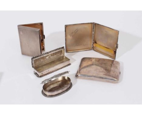 Late Victorian silver trinket box of rectangular form with hinged cover and embossed decoration (Birmingham 1901) together wi