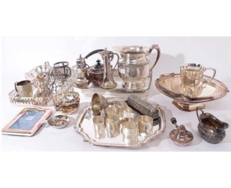 Large collection of silver plated wares including pair wine coasters , salver, trays, jugs ,flatware etc