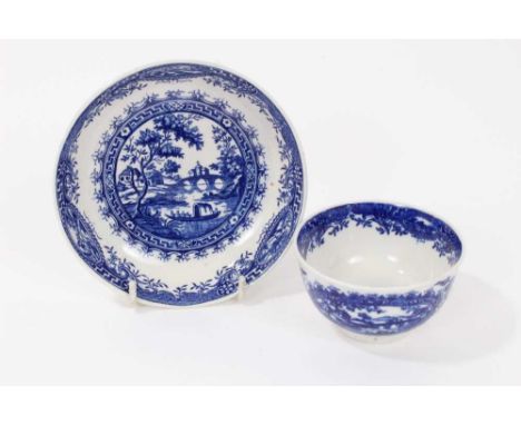 Worcester blue and white tea bowl and saucer, c.1780-90, decorated with the Circled Landscape pattern, both pieces marked, th