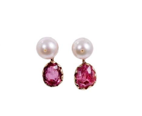 Pair of cultured pearl and spinel earrings, each with an oval mixed cut red spinel suspended from a 6.5mm cultured pearl in g