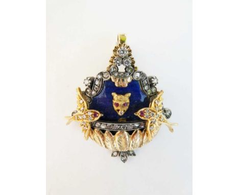 Fine quality 19th century Portuguese gold and silver, diamond, ruby and enamel pendant/brooch in the form of a bird bath with