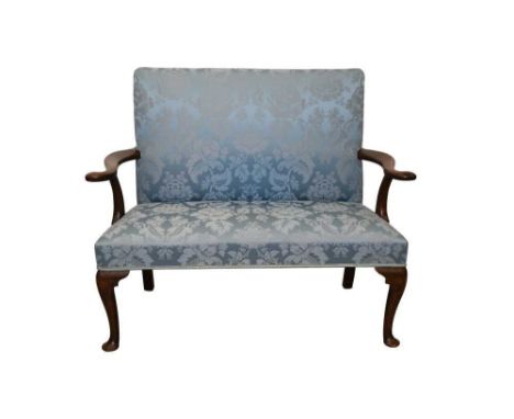 Mid 18th century walnut sofa with scrolled arms and blue silk damask upholstery, on cabriole legs and pad feet, 125cm wide