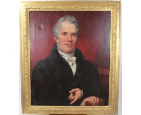 Mid 19th century, English School, oil on canvas - portrait of a gentleman seated before books, in gilt frame, 75cm x 62cm