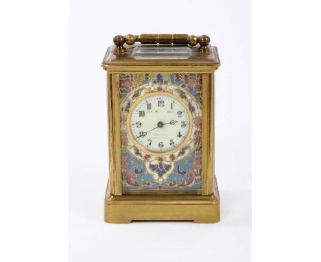 Fine late 19th century French champlevé enamel carriage clock in brass case, dial signed with Glasgow retailer, 10 cm high, w