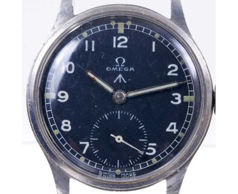 Omega British military W.W.W. wristwatch, the circular black dial with military broad arrow, white enamel Arabic numerals and