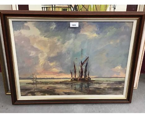 Norman R Harper (1918-2008) oil on board- Barges at Pin Mill, signed, in glazed frame, 39cm x 54cm 
