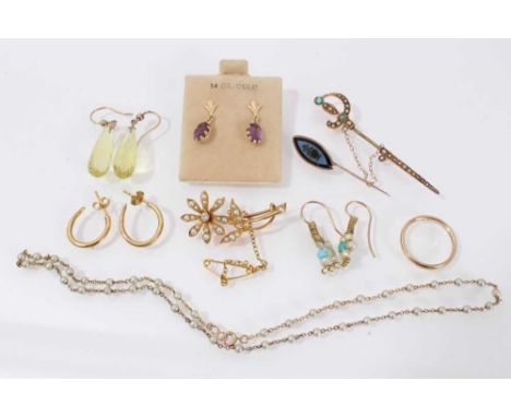 Group of jewellery to include a Victorian seed pearl and diamond floral spray brooch, Edwardian gold and seed pearl chain, Ed