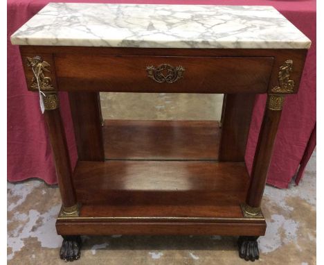 Empire style mahogany console table, with marble top over frieze drawer on column supports and rear mirror on platform base a