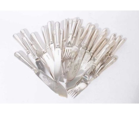 Good Quality Victorian silver plated fish cutlery set comprising six knives and six forks engraved with fish, with beaded han