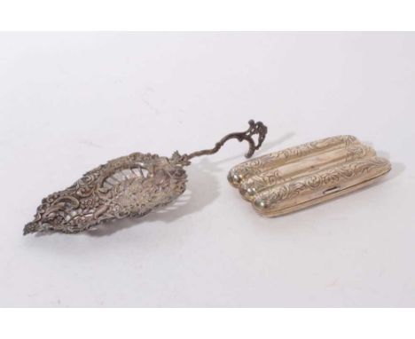 American sterling silver three division cigar case with engraved decoration 12.6cm and Ornate Dutch sifter spoon with floral 