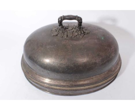 19th century silver plated meat cover / seving dome of oval form with gadrooned border and engraved armorial of a stag, with 