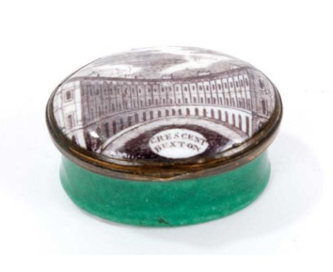 A South Staffordshire enamel patch box 'Buxton Crescent', circa 1810, oval cushion form with mirror to underside of lid, 5cm 