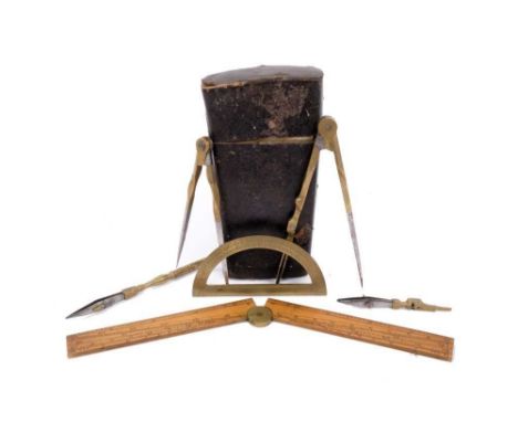 18th / 19th century case fitted with drawing equipment, the tapering leather mounted case with push button release cover, 13c