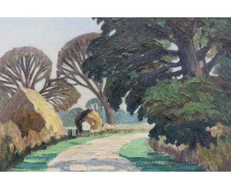 Paul Earee (1888-1968) oil on board, landscape with haystacks, an oil sketch verso, framed, 45cm x 60cm 
