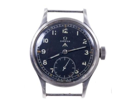 Omega British military W.W.W. wristwatch, the circular black dial with military broad arrow, white enamel Arabic numerals and