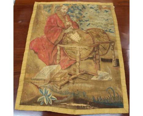 17th century style tapestry wall hanging, with depiction on an astronomer beside globes,112 x 78cm, lined