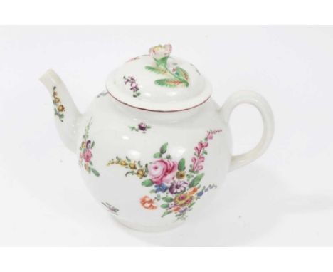 18th century Worcester polychrome painted teapot, bullet form with floral sprays, spout ground down, 12cm heightCondition rep