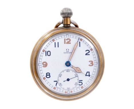 British military Omega pocket watch, the circular white enamel dial with luminous and black hour markers, luminous steel hand