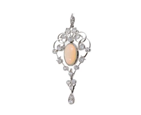 Edwardian-style opal and diamond pendant with a central oval cabochon opal weighing approximately 2.83 carats in on openwork 