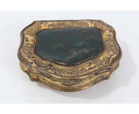 18th century Continental gilt metal and agate inset snuff box, rococo cushion form with C-scroll ornament, raised on shell fe