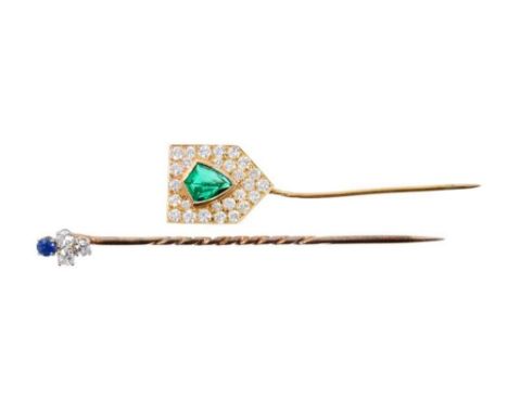 Emerald and diamond stick pin with a shield shape mixed cut emerald on a pavé set diamond plaque, together with a sapphire an